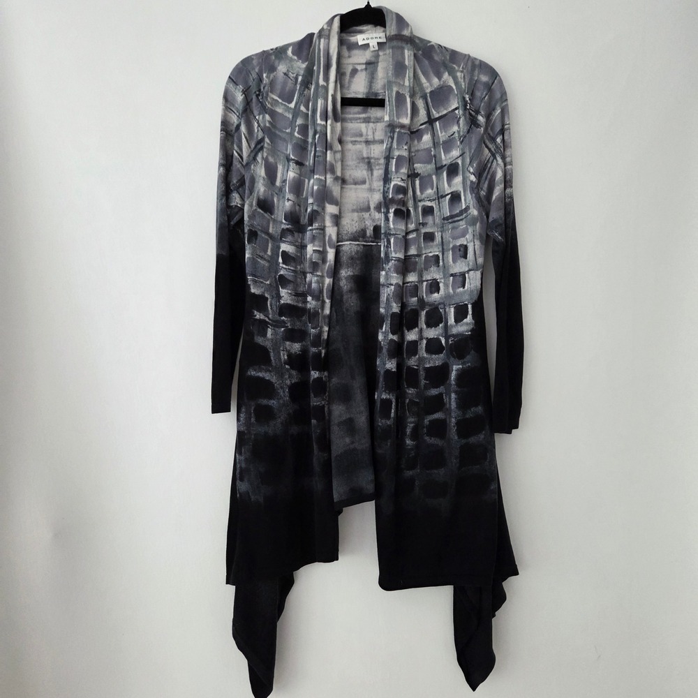 Adore Cardigan Grey Black Abstract Grid Handkerchief Hem Women Large